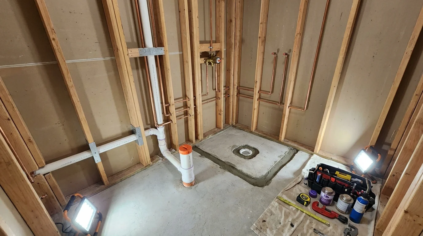 Bathroom rough-in plumbing during remodel by Johns Plumbing LLC in Gardendale