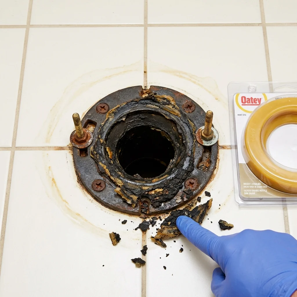 Failed wax ring showing water seepage at the base of a toilet in a Gardendale, TX home